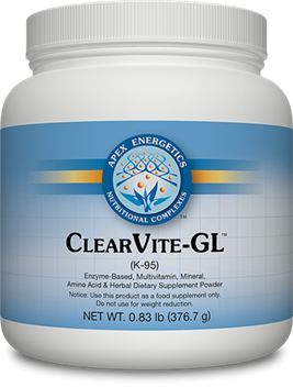 Apex Energetics ClearVite-GL Berry 376.7 g supplement powder in a white plastic jar with blue label, front view