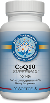 Apex Energetics CoQ10 Supermax 90 softgels bottle front with blue and white label and supplement details visible