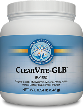 Apex Energetics ClearVite-GLB 243 g white supplement powder bottle showing front label and blue cap