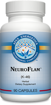 Apex Energetics NeuroFlam (K-46) 90-count herbal dietary supplement bottle front label in blue and white