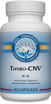 Apex Energetics Thyro-CNV K-9 90 capsules bottle front label, white plastic container with blue and yellow design