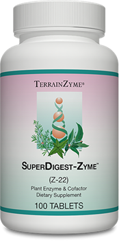 Apex Energetics SuperDigest-Zyme 100 tablets bottle front, white with pink label and herbal digestive graphic
