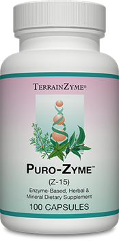 Apex Energetics Puro-Zyme 100 capsules bottle front, white with green label and herbal enzyme graphic