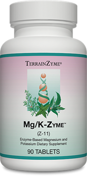 Apex Energetics Mg-K-Zyme 90 tablets bottle front with TerrainZyme label and botanical DNA design on a pink and white background