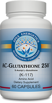 Apex Energetics AC-Glutathione 250 K-117 bottle front, white and blue label, 60 capsules dietary supplement