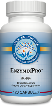 Apex Energetics EnzymixPro (K-99) 120 capsules bottle front, white and blue enzyme dietary supplement packaging