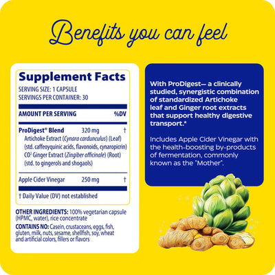 Enzymedica Gut Motility 30 Capsules supplement facts panel highlighting ProDigest blend with artichoke, ginger, and apple cider vinegar