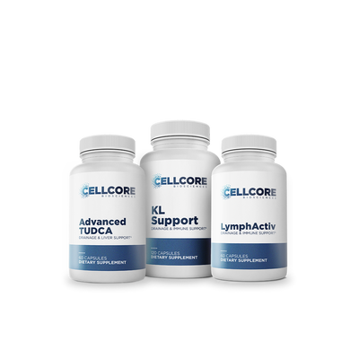 CellCore Biosciences Liver Support Kit with Advanced TUDCA, KL Support, and LymphActiv white capsule bottles front view
