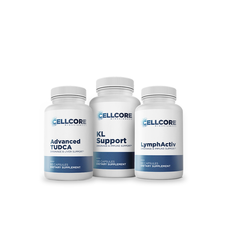 CellCore Biosciences Liver Support Kit with Advanced TUDCA, KL Support, and LymphActiv white capsule bottles front view