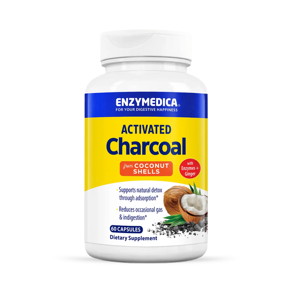 Enzymedica Activated Charcoal 60 Capsules bottle front, yellow and white label with coconut shell and charcoal imagery