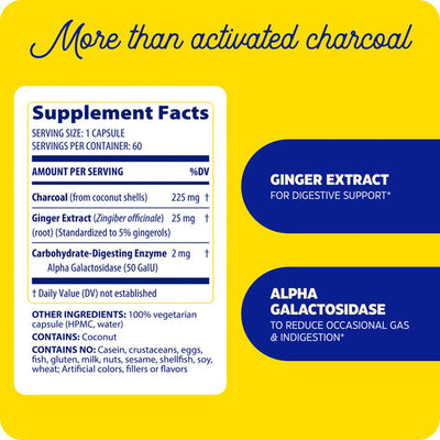 Enzymedica Activated Charcoal 60 Capsules supplement facts panel highlighting ginger extract and alpha galactosidase benefits