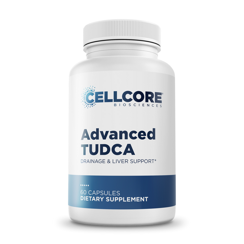 CellCore Biosciences Advanced TUDCA 60 capsules bottle front, white container with blue label for liver support