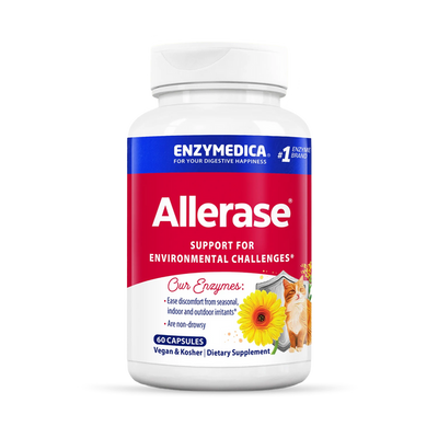 Enzymedica Allerase 60 Capsules bottle front, red and white label with flowers and cat, vegan and kosher supplement