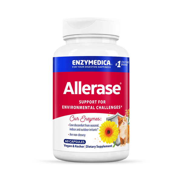 Enzymedica Allerase 60 Capsules bottle front, red and white label with flowers and cat, vegan and kosher supplement