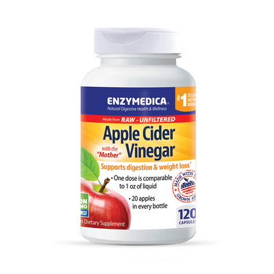 Enzymedica Apple Cider Vinegar 120 capsules bottle front, white container with blue and yellow label showing apple graphic