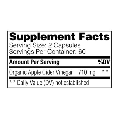 Enzymedica Apple Cider Vinegar 120 Capsules supplement facts label showing 710 mg organic apple cider vinegar per 2-capsule serving