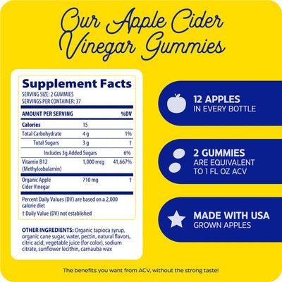Enzymedica Apple Cider Vinegar Gummies 74 count supplement facts panel and key benefits on a yellow and blue label