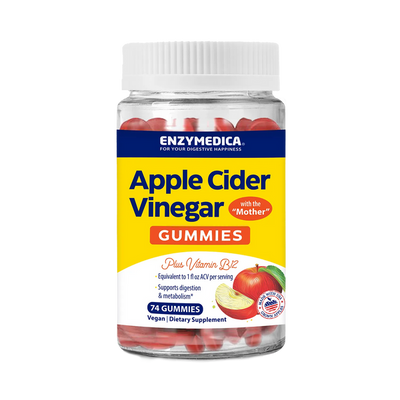 Enzymedica Apple Cider Vinegar Gummies bottle front, 74-count vegan red gummies with yellow and white label.