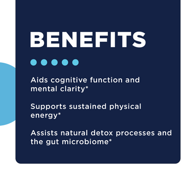 CellCore Biosciences BC-ATP benefits graphic listing cognitive, energy, detox, and gut microbiome support on a navy background