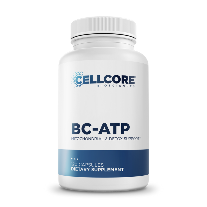 CellCore Biosciences BC-ATP 120 capsules bottle front, white container with blue label for mitochondrial and detox support