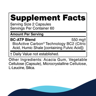 CellCore Biosciences BC-ATP 120 capsules supplement facts label showing BC-ATP blend ingredients and serving size