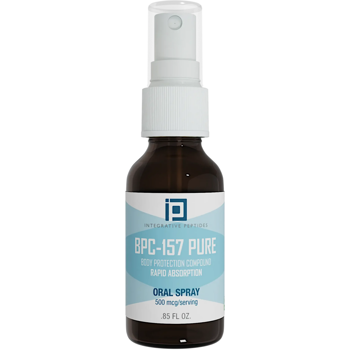Integrative Peptides BPC-157 Pure Oral Spray 0.85 oz brown bottle with white and blue front label and spray cap