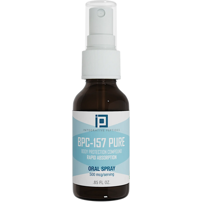 Integrative Peptides BPC-157 Pure Oral Spray 0.85 oz brown bottle with white and blue front label and spray cap