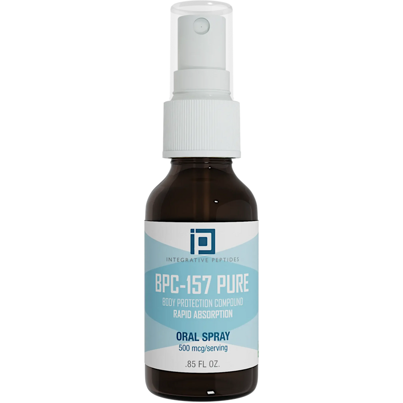 Integrative Peptides BPC-157 Pure Oral Spray 0.85 oz brown bottle with white and blue front label and spray cap