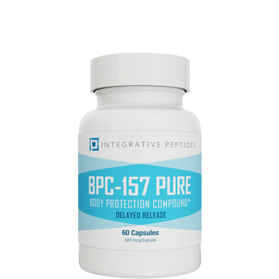 Integrative Peptides BPC-157 Pure Delayed Release 60 capsules bottle with white and blue front label visible