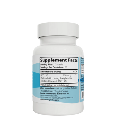 Integrative Peptides BPC-157 Pure Delayed Release 60 capsules bottle showing the Supplement Facts and ingredient label