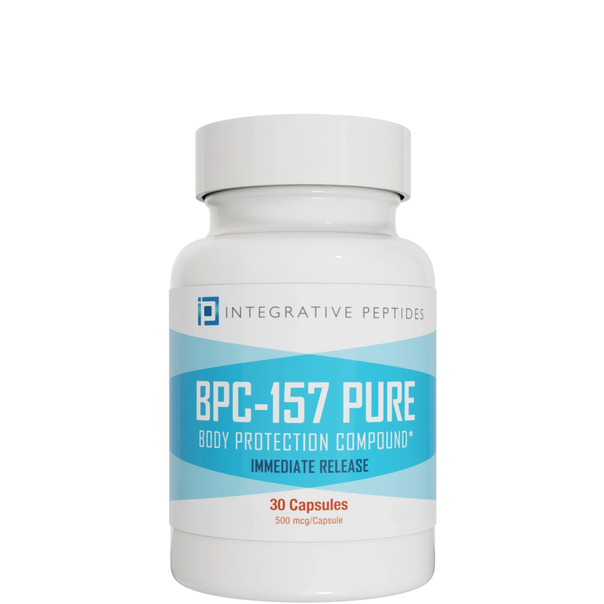 Integrative Peptides BPC-157 Pure Immediate Release supplement bottle, 30 capsules, white container with blue label
