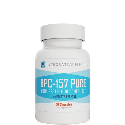 Integrative Peptides BPC-157 Pure Immediate Release supplement bottle, 30 capsules, white container with blue label