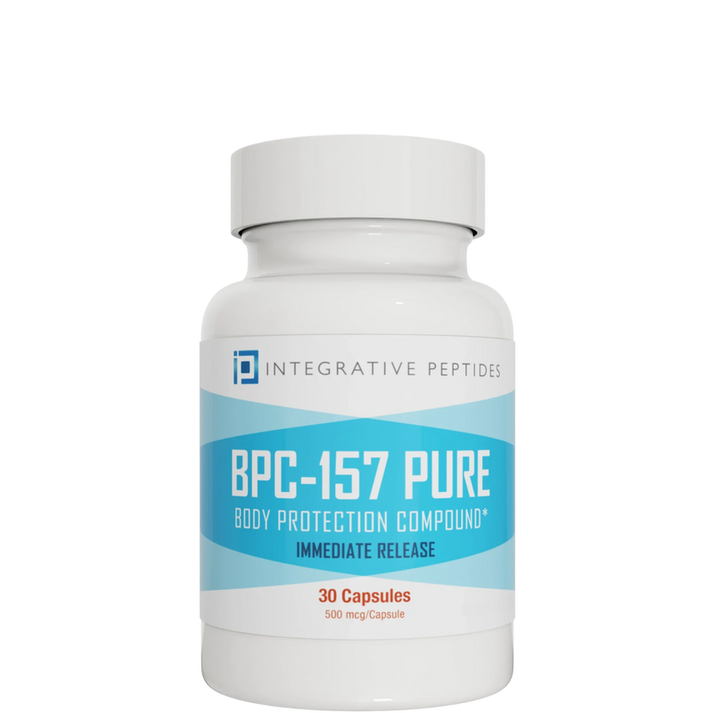Integrative Peptides BPC-157 Pure Immediate Release supplement bottle, 30 capsules, white container with blue label