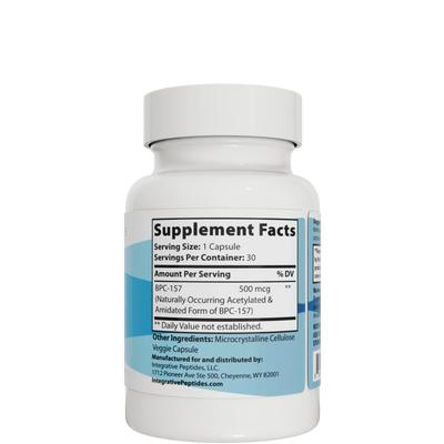 Integrative Peptides BPC-157 Pure Immediate Release 30 Capsules bottle showing supplement facts label and dosage information