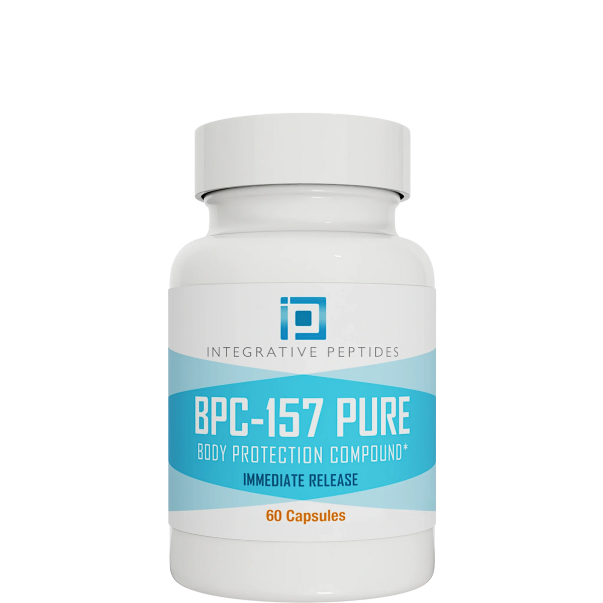 Integrative Peptides BPC-157 Pure Immediate 60 capsules bottle with white and blue label on a white background
