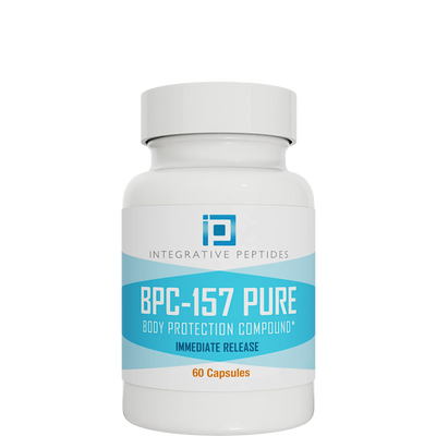 Integrative Peptides BPC-157 Pure Immediate 60 capsules bottle with white and blue label on a white background