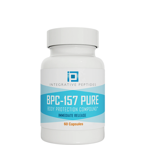 Integrative Peptides BPC-157 Pure Immediate 60 capsules bottle with white and blue label on a white background