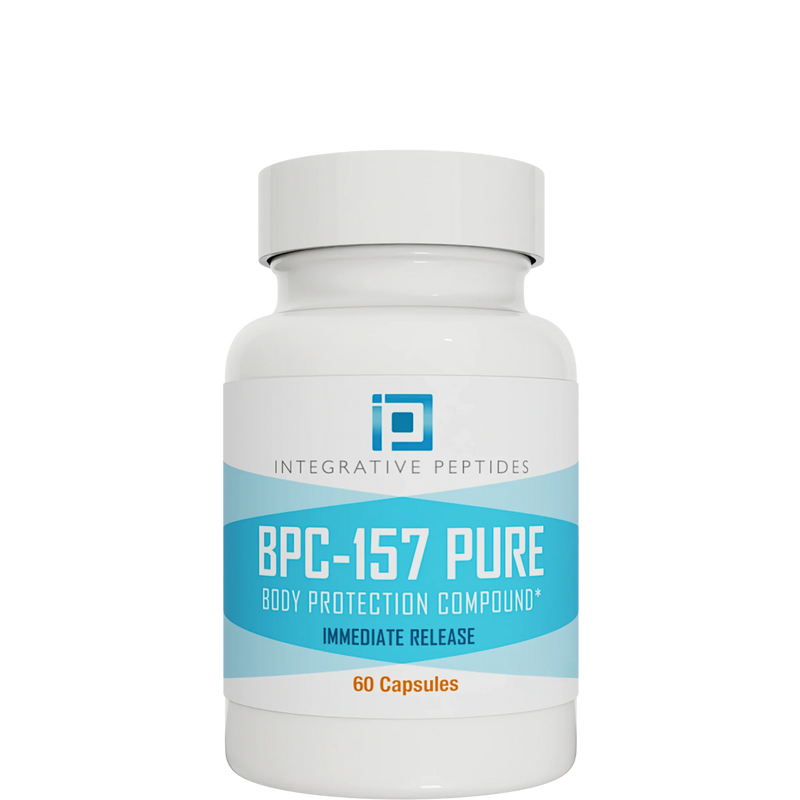 Integrative Peptides BPC-157 Pure Immediate 60 capsules bottle with white and blue label on a white background