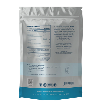 Back of Integrative Peptides Gut Feeling Mango Strawberry 30 packets pouch showing supplement facts, directions, and branding
