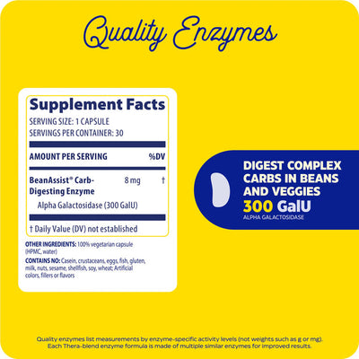 Enzymedica BeanAssist 30 capsules supplement facts panel highlighting carb-digesting enzyme 300 GalU for beans and veggies