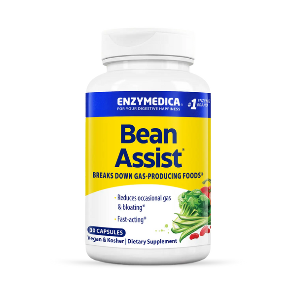 Enzymedica BeanAssist 30 capsules bottle front, yellow and blue label highlighting gas and bloating support supplement