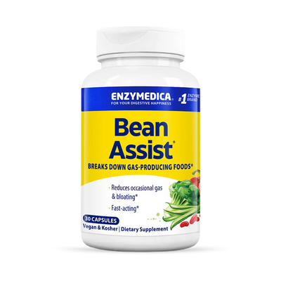 Enzymedica BeanAssist 30 capsules bottle front, yellow and blue label highlighting gas and bloating support supplement
