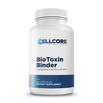 CellCore Biosciences BioToxin Binder 120 capsules bottle, white with blue label for microbiome and detox support