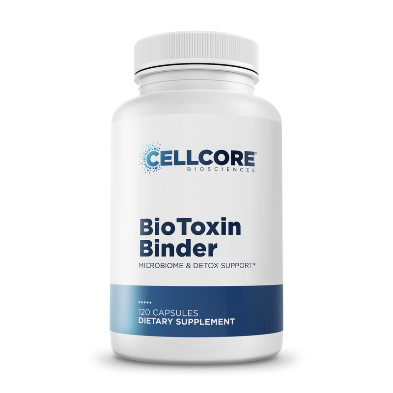 CellCore Biosciences BioToxin Binder 120 capsules bottle, white with blue label for microbiome and detox support