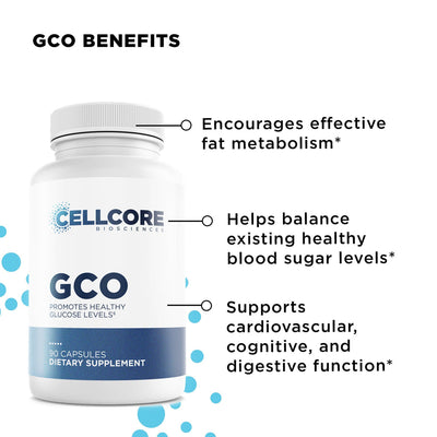 CellCore Biosciences GCO bottle front showing benefits for fat metabolism, blood sugar, and cardiovascular, cognitive, digestive health