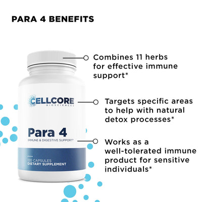 CellCore Biosciences Para 4 bottle front showing immune and digestive support benefits and key detox support claims