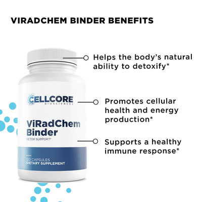 CellCore Biosciences ViRadChem Binder bottle front showing detox, cellular health, and immune support benefits text