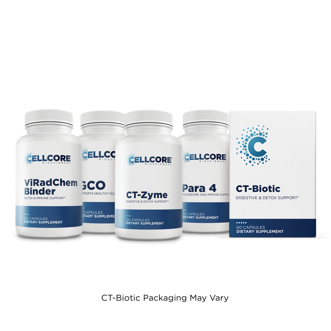 CellCore Biosciences C.A. Support Bundle with five white and blue capsule bottles and box shown from the front