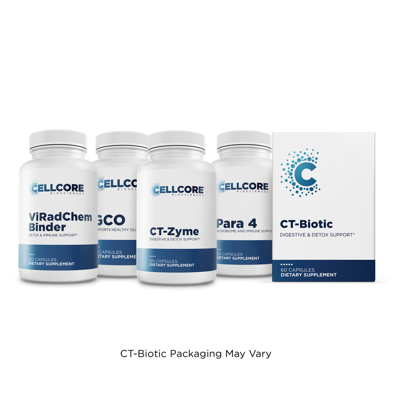 CellCore Biosciences C.A. Support Bundle with five white and blue capsule bottles and box shown from the front