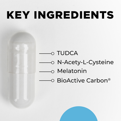 CellCore Biosciences Advanced TUDCA capsule with key ingredients listed: TUDCA, NAC, melatonin, BioActive Carbon